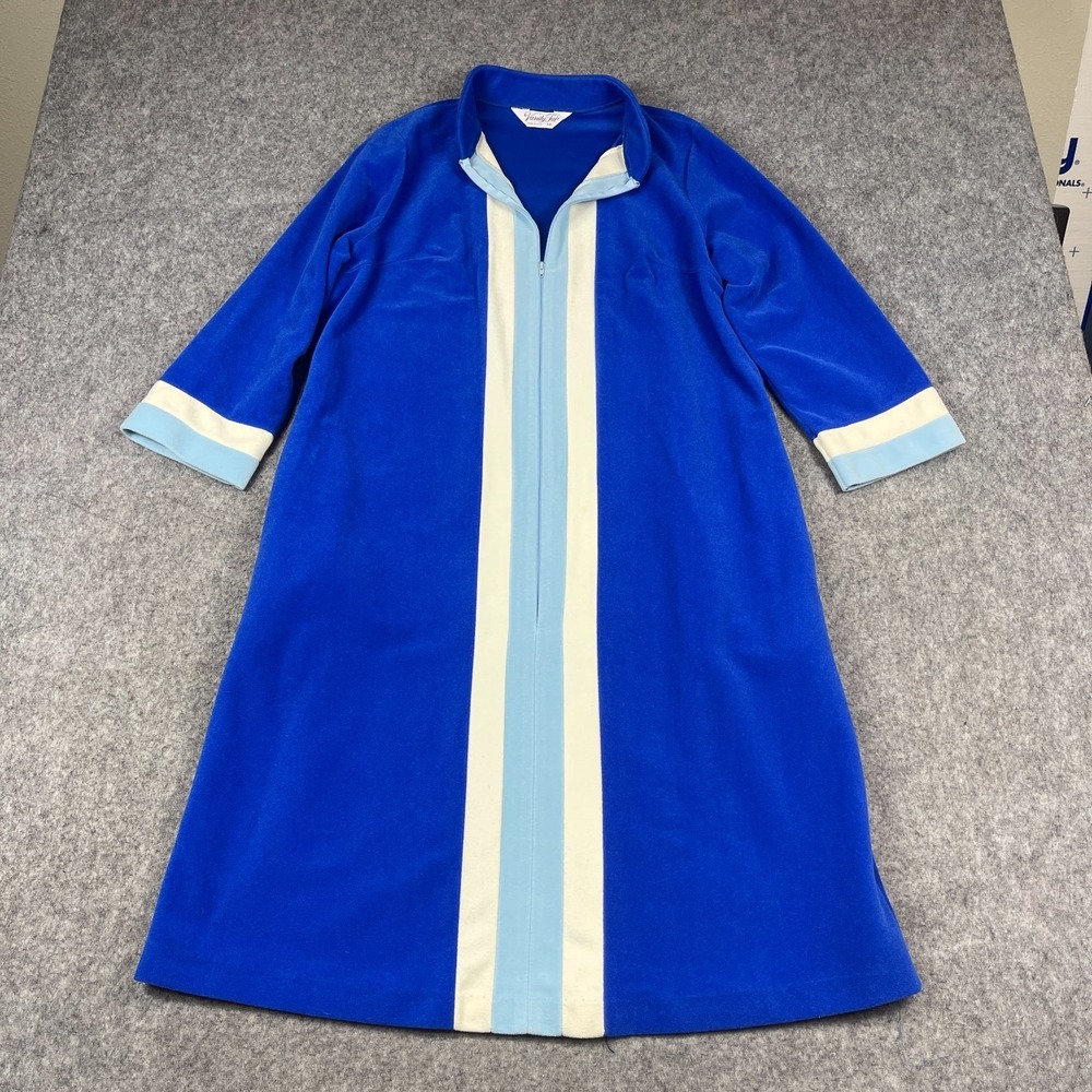 VTG 1980s Vanity Fair Midi Colorblock House Coat Velour Front Zip Blue 14 Large